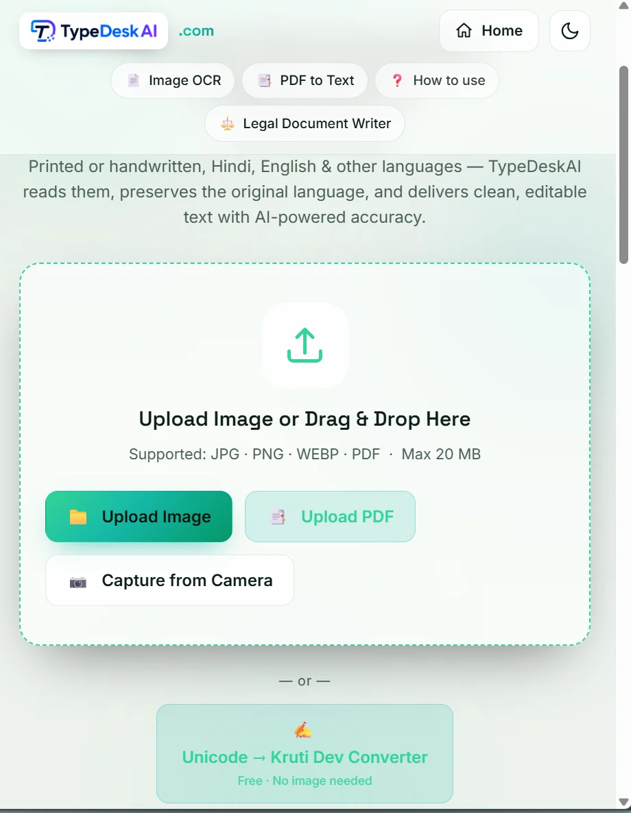 TypeDeskAI — हिंदी OCR और कृतिदेव कन्वर्टर स्क्रीनशॉट